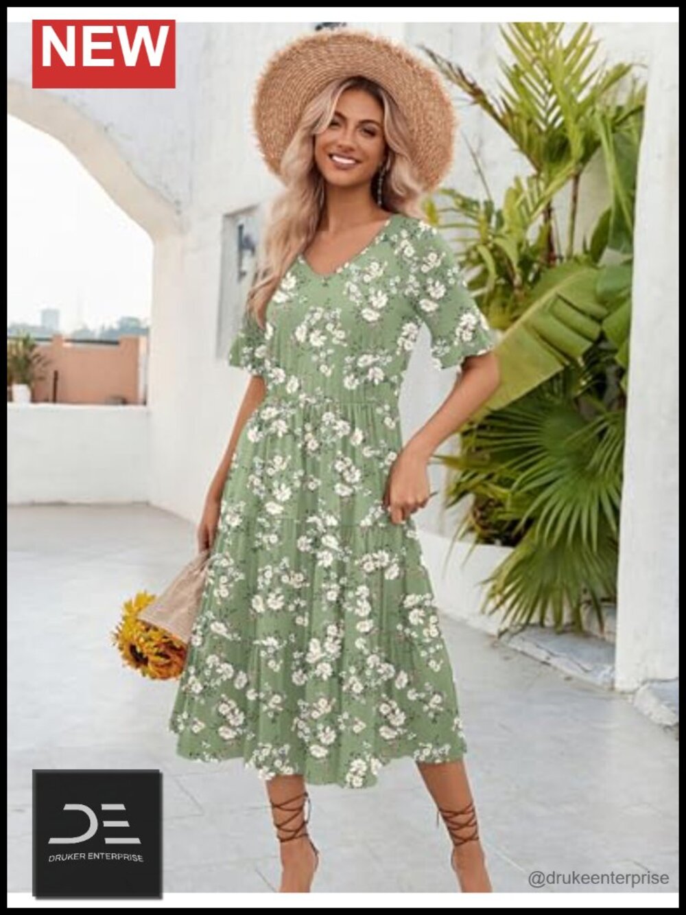 Women's Midi Casual Tiered Ruffle Short Sleeve Flowy Beach Dress with Pockets - Picture 3 of 6